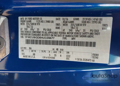 2017 Ford Escape Se from USA, damaged, VIN 1FMCU9GD8HUC09677